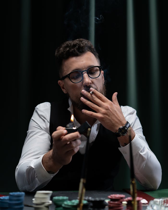 A man in a suit smoking while playing poker, invoking a classic gambling ambiance.